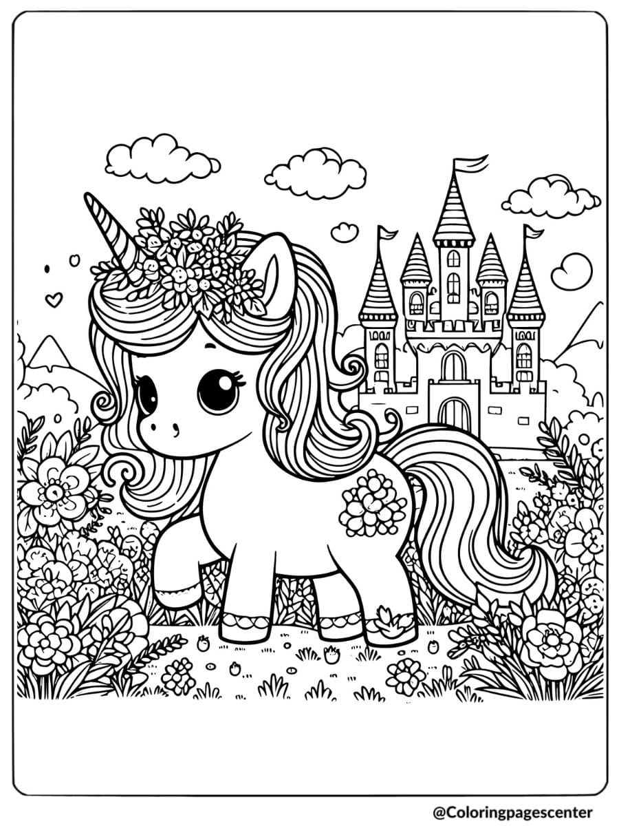 Unicorn with a crown standing near a castle coloring page