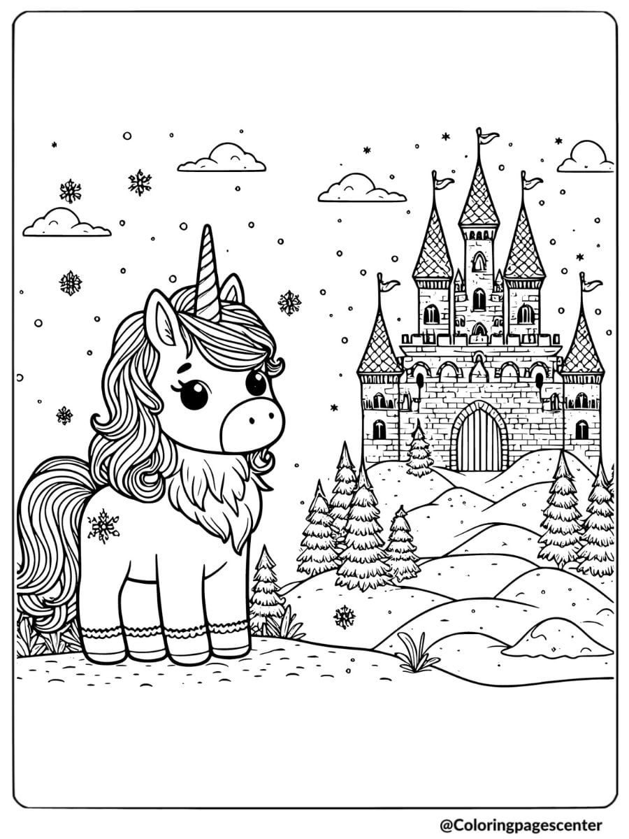 Unicorn in a snowy scene with a castle coloring page