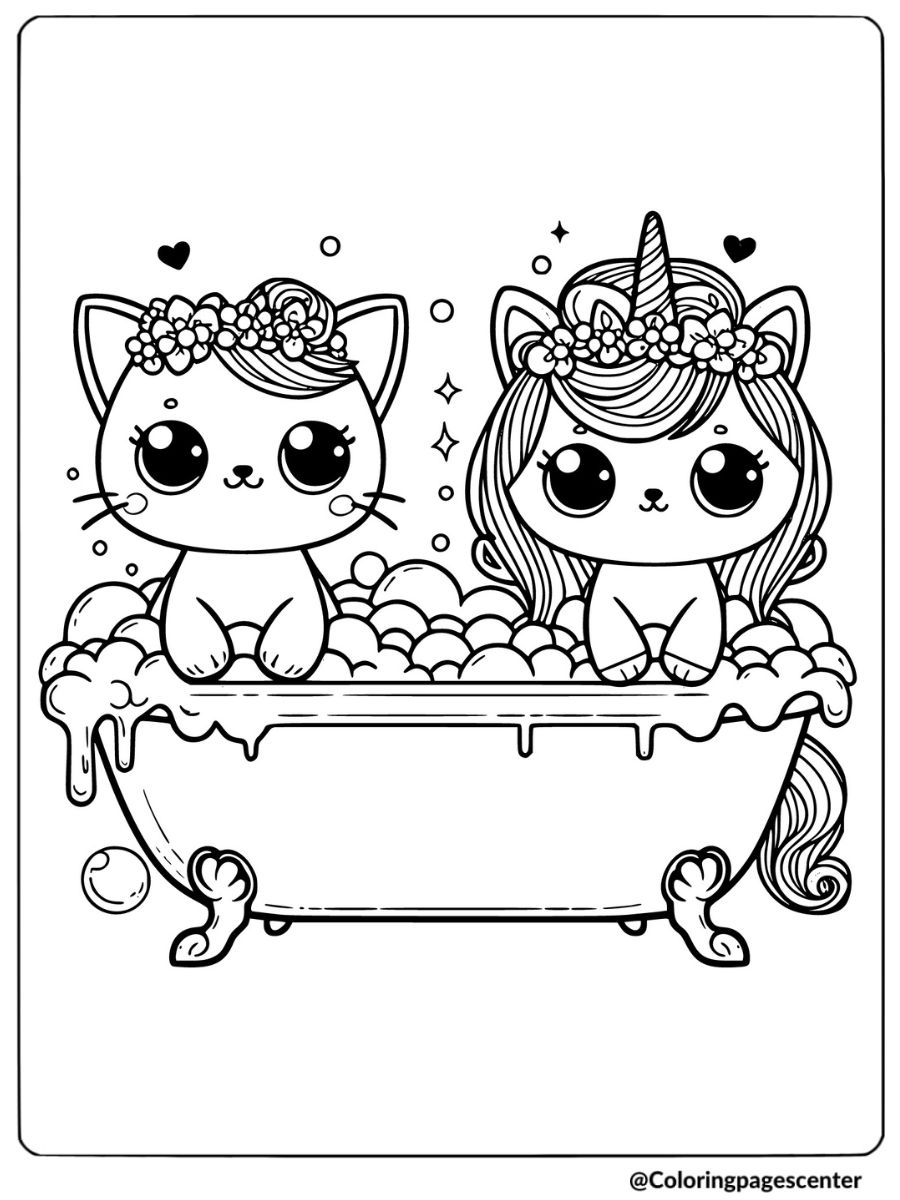 A unicorn and cat in a bubbly bath together coloring page