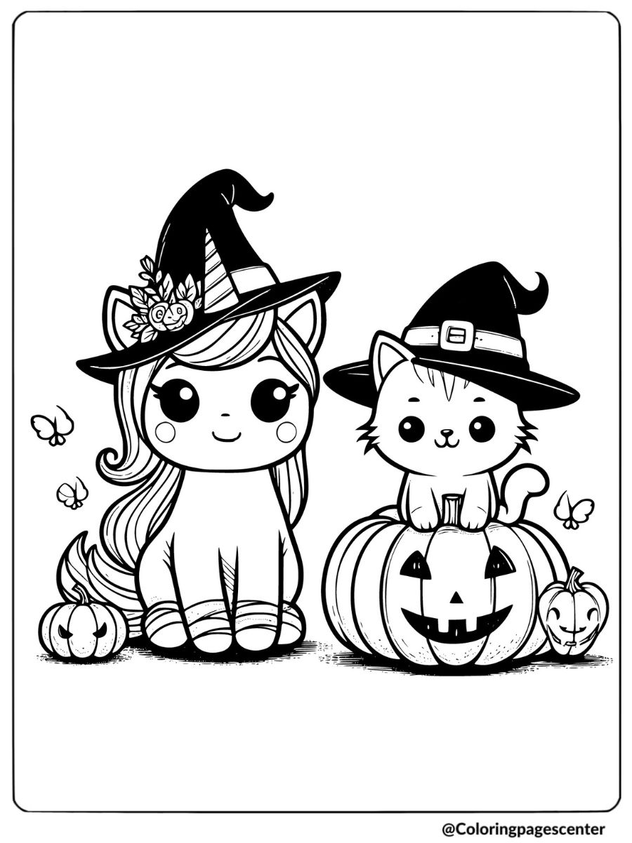 A unicorn and cat dressed with pumpkins coloring page