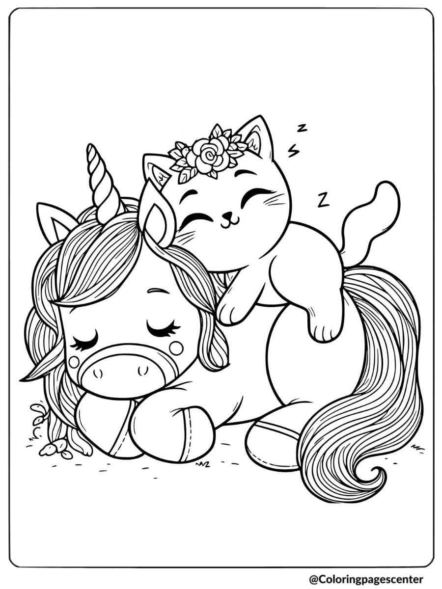 A cat sleeps peacefully on a unicorn's back coloring page