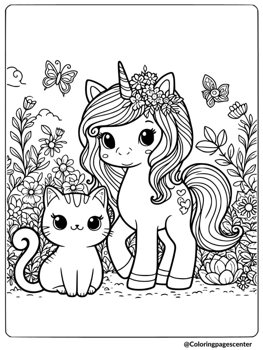 A unicorn and cat surrounded by flowers coloring page