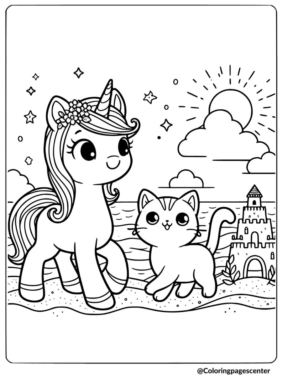 A unicorn and cat walking on the beach coloring page