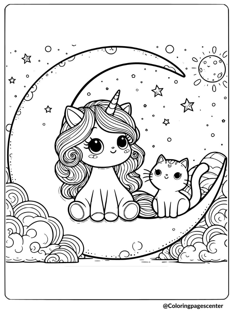 A unicorn and cat sitting on a crescent moon coloring page