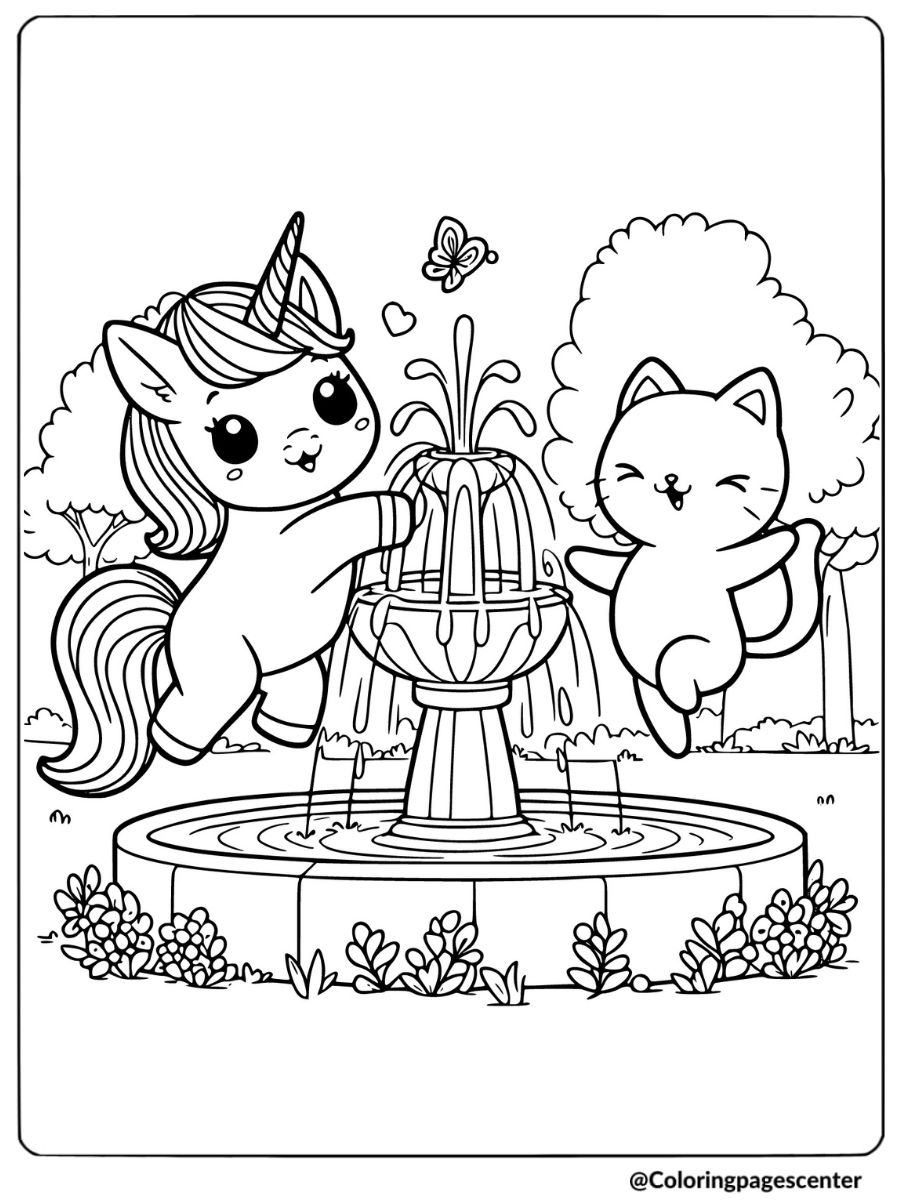 A unicorn and cat enjoying a day by the fountain coloring page