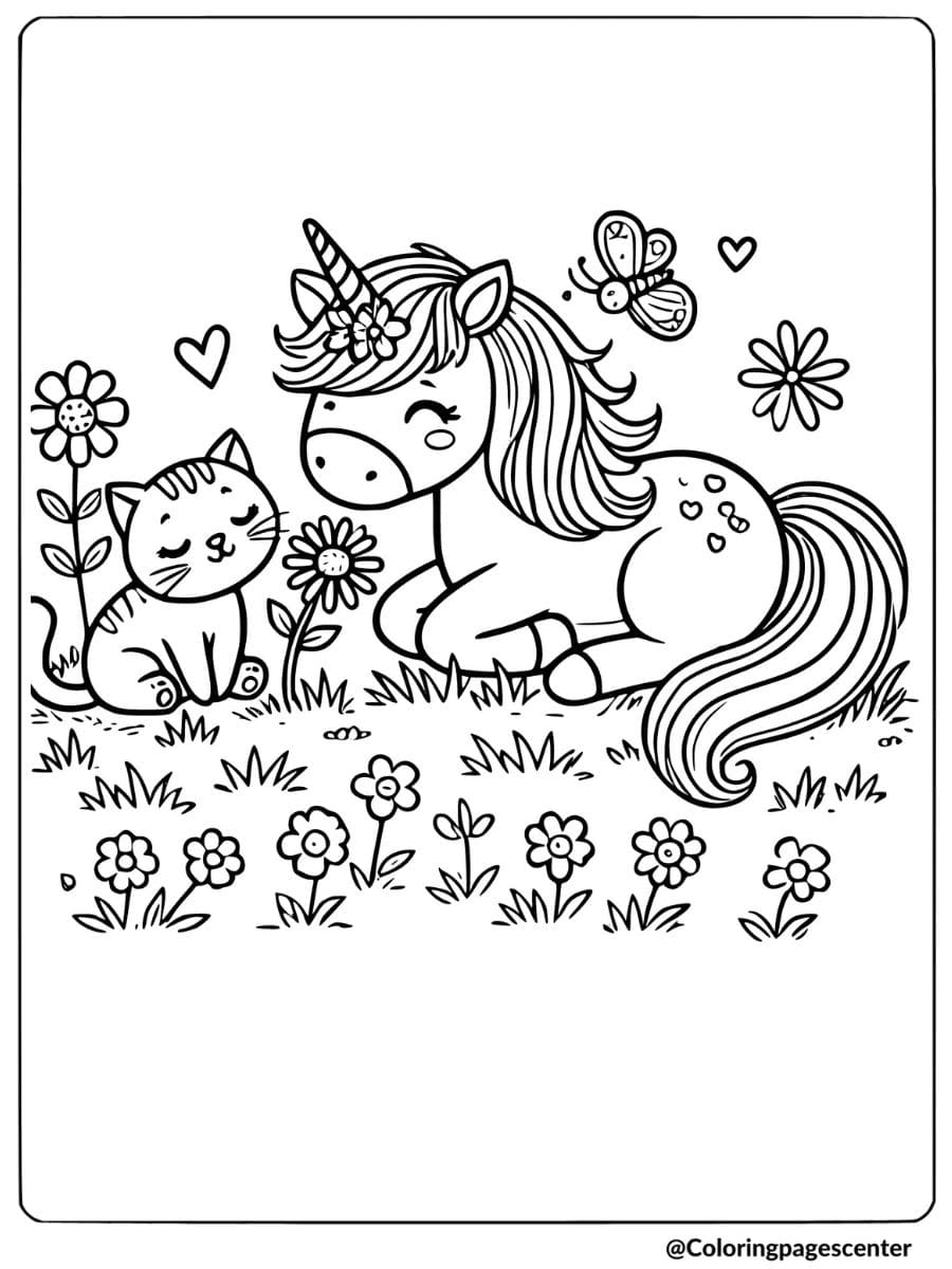 A unicorn and cat in a flower garden coloring page