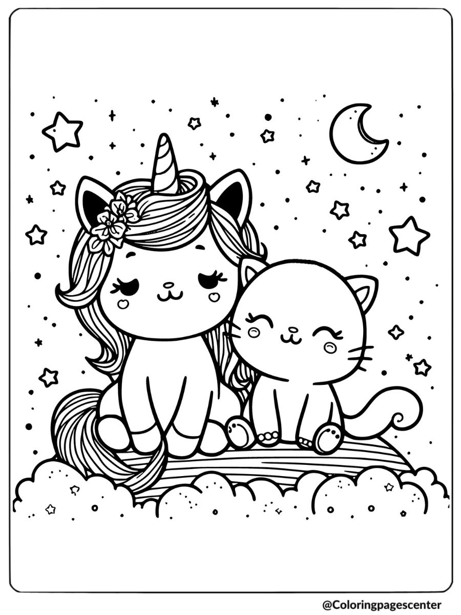 A unicorn and cat sitting under a starry night sky coloring page