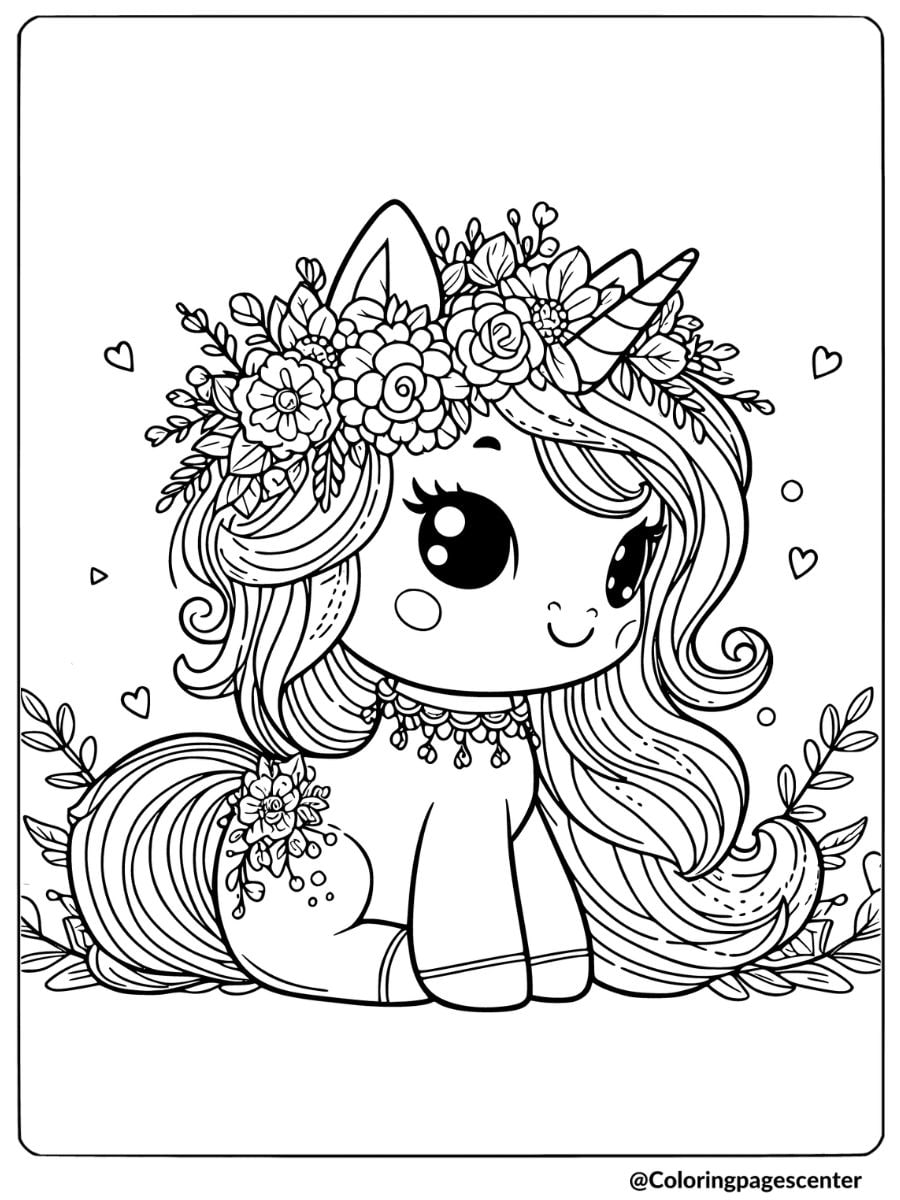 Unicorn wearing a floral crown coloring page