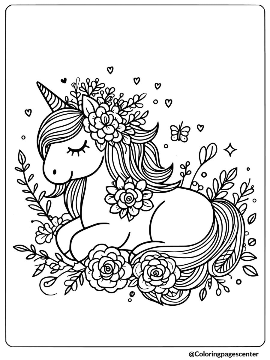 Peaceful unicorn resting among flowers coloring page