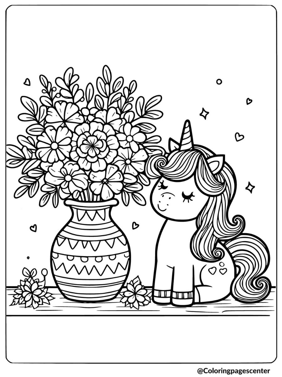 Unicorn looking at a vase of flowers coloring page