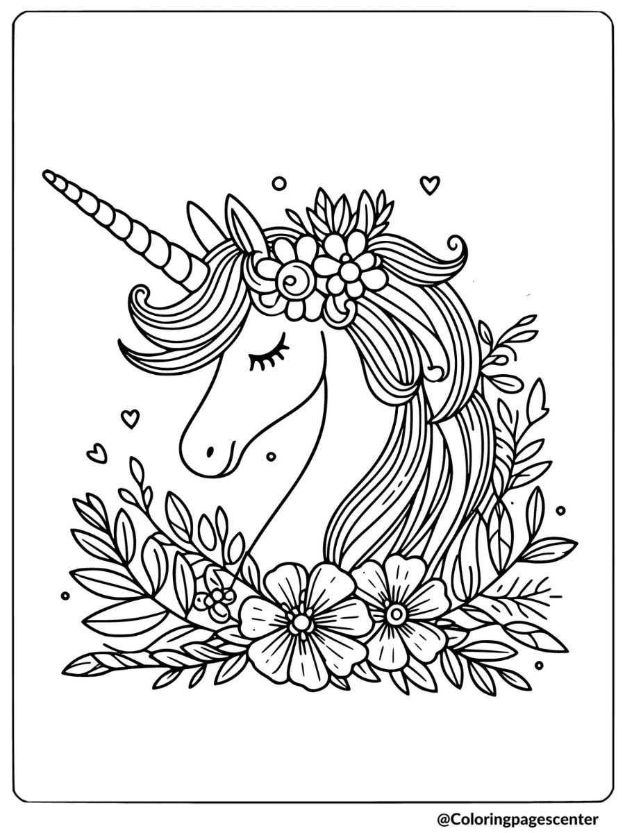 Unicorn with flower wreath on head coloring page