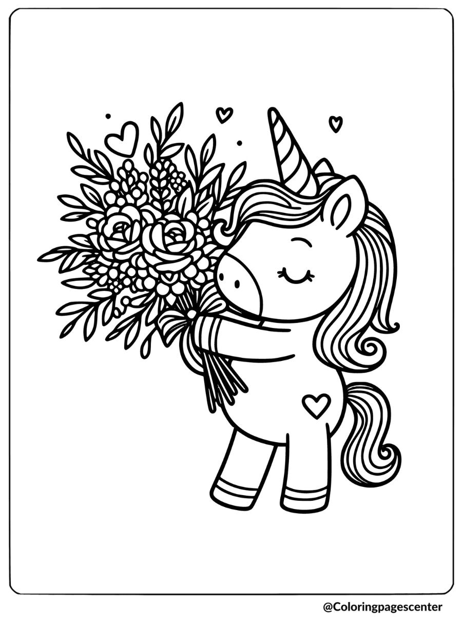 Unicorn holding a flower bouquet coloring page