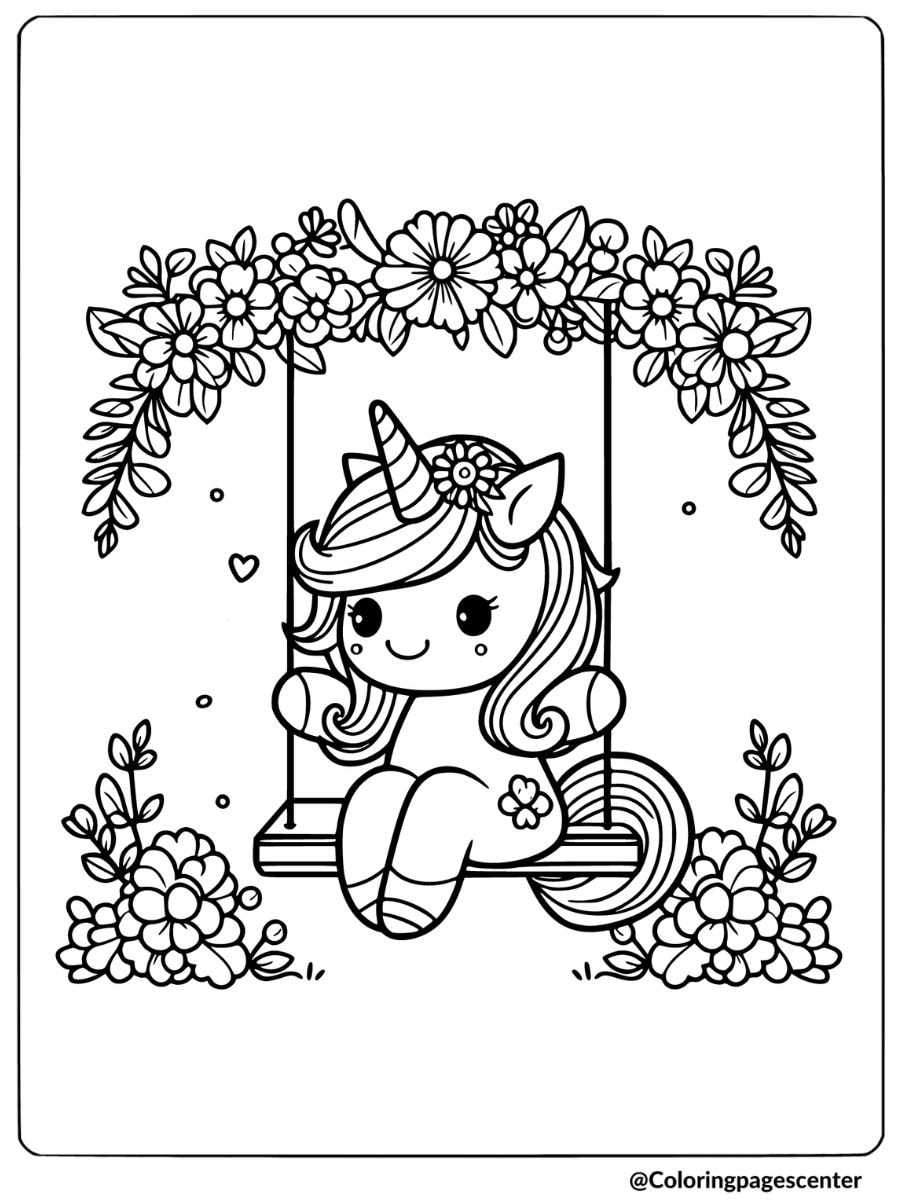 Unicorn on a flower swing coloring page