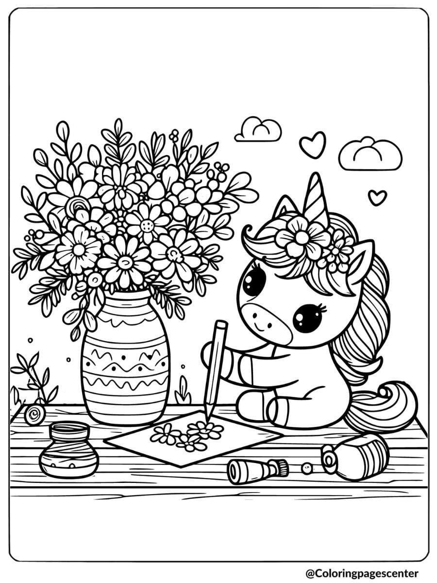 Unicorn drawing flowers at table coloring page