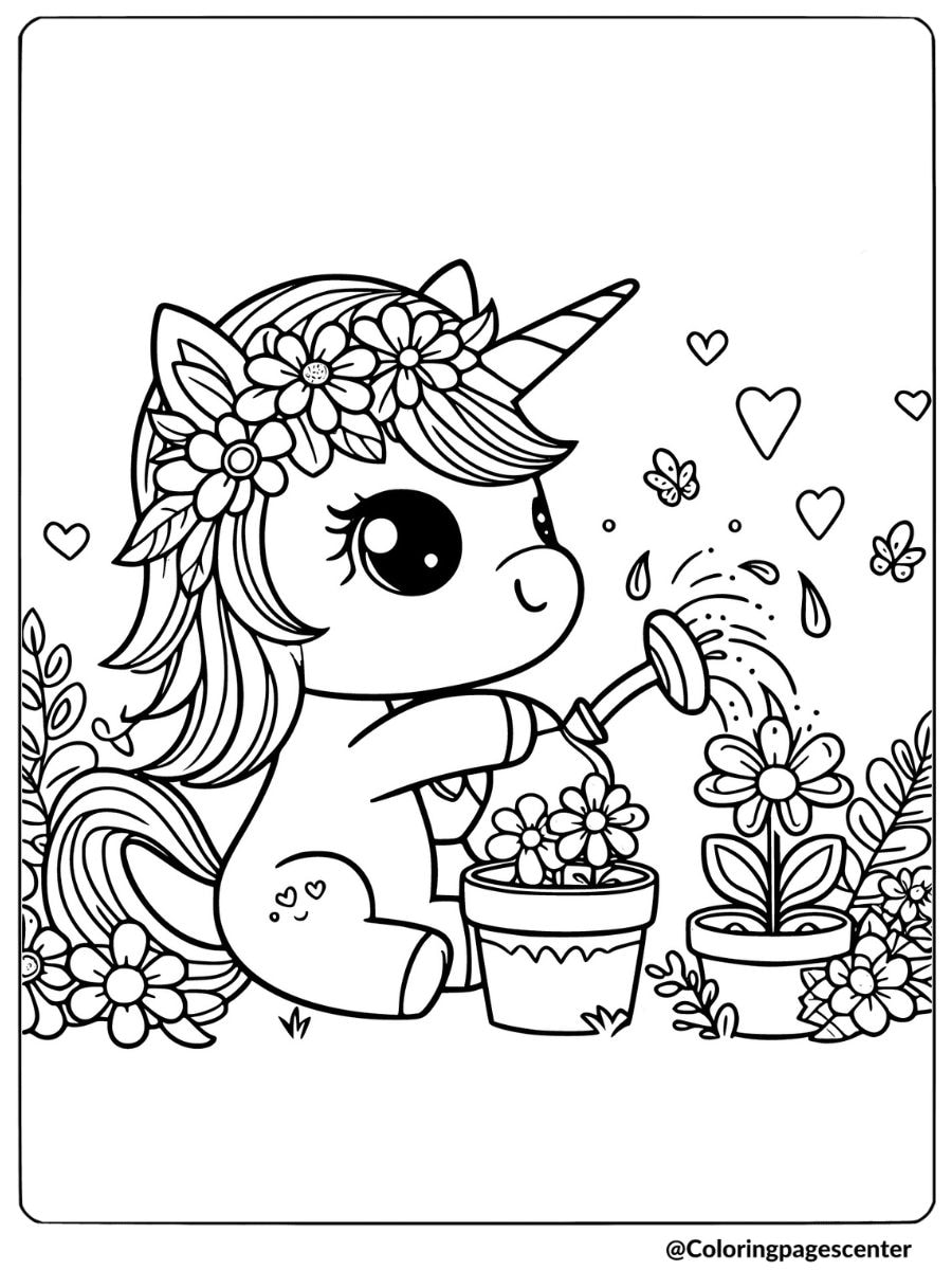 Unicorn watering potted flowers coloring page