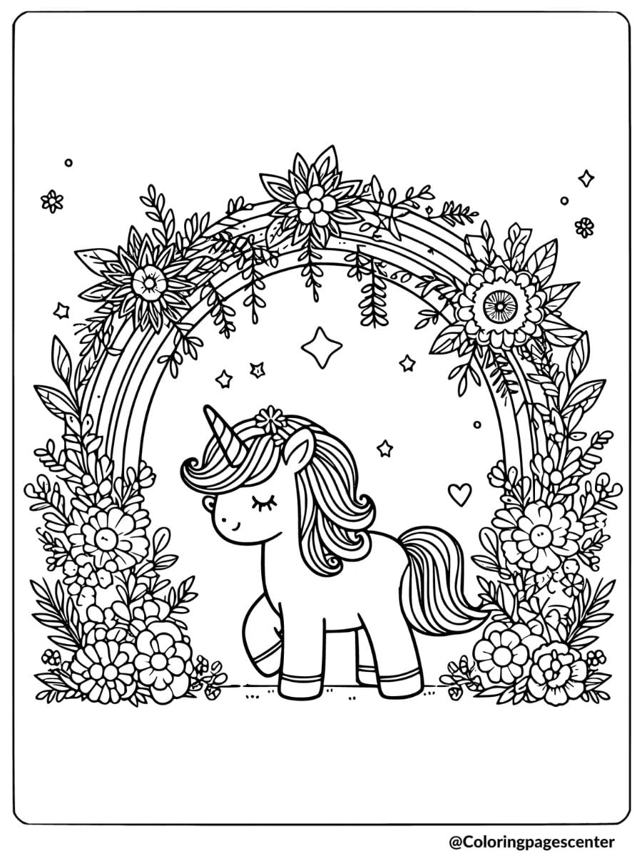 Unicorn under a rainbow of flowers coloring page