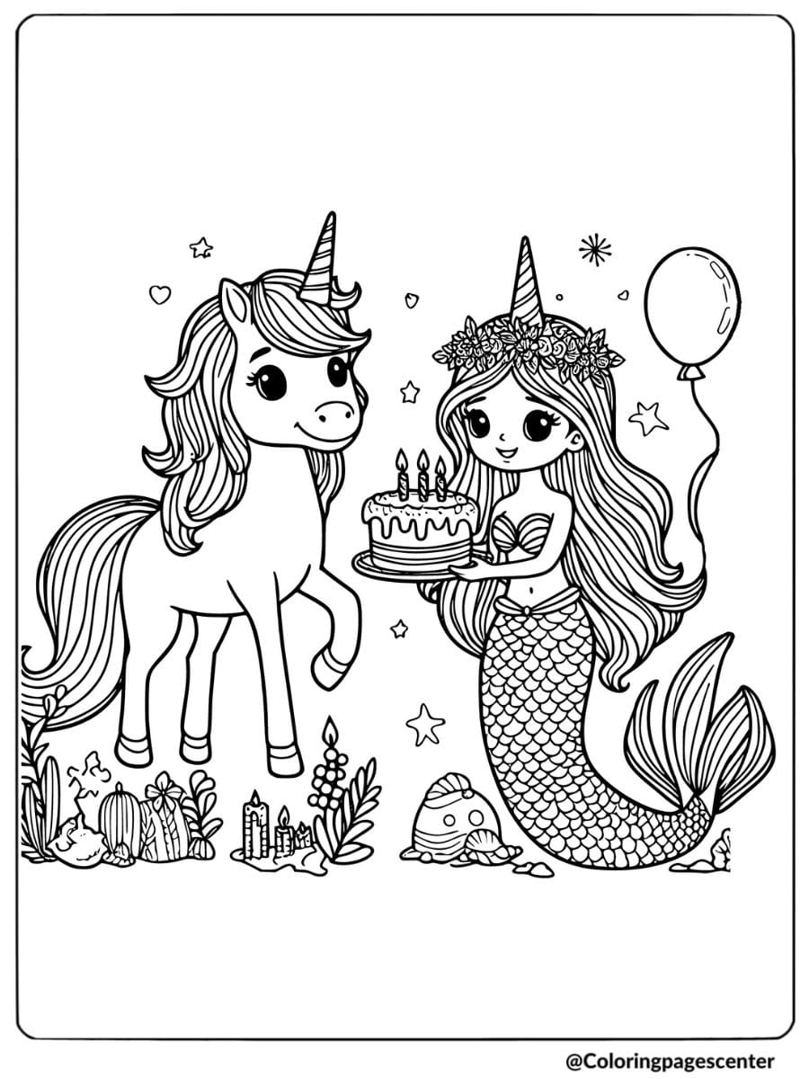 Unicorn and mermaid celebrating a birthday coloring page