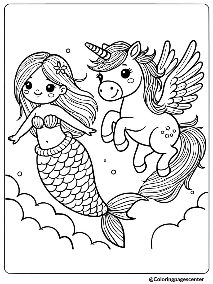 Mermaid flying with unicorn through the clouds coloring page