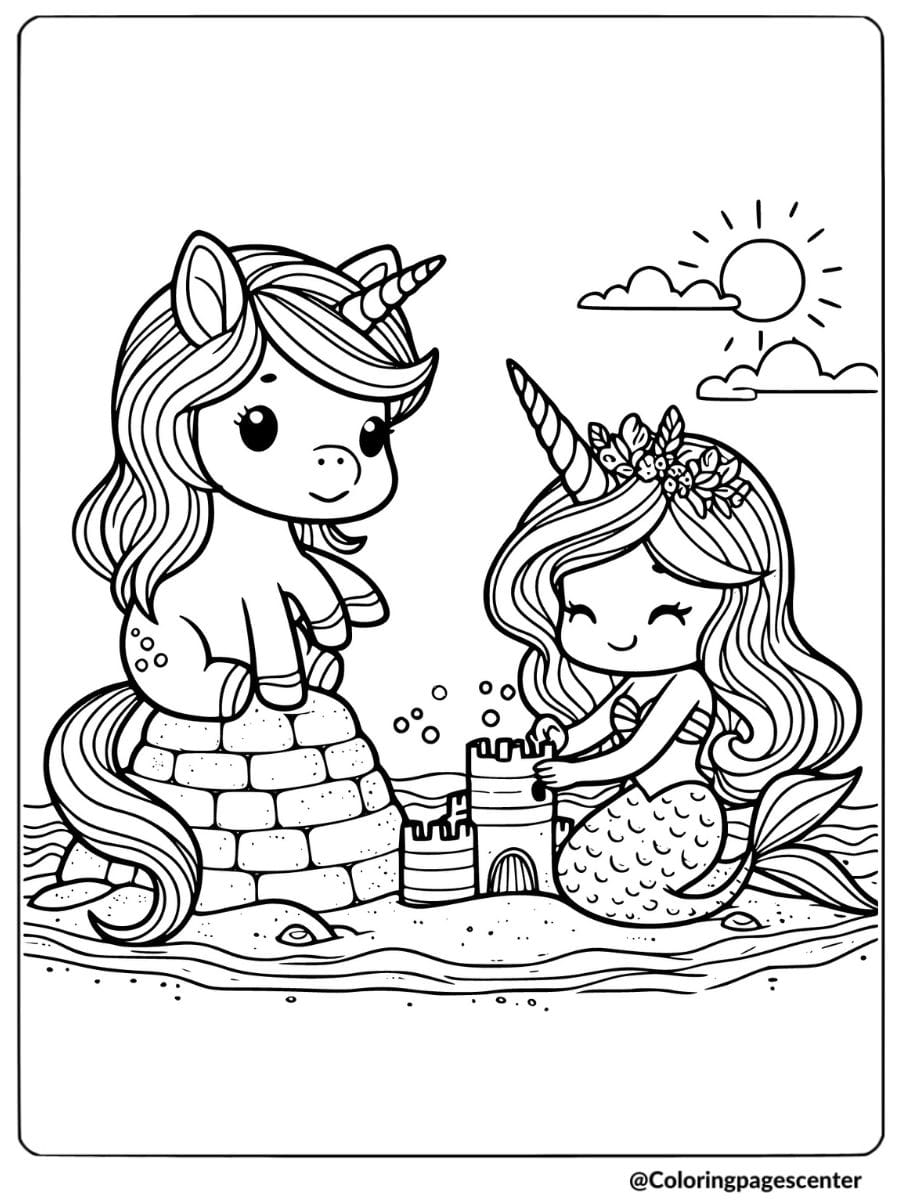 Mermaid and unicorn building a sandcastle coloring page