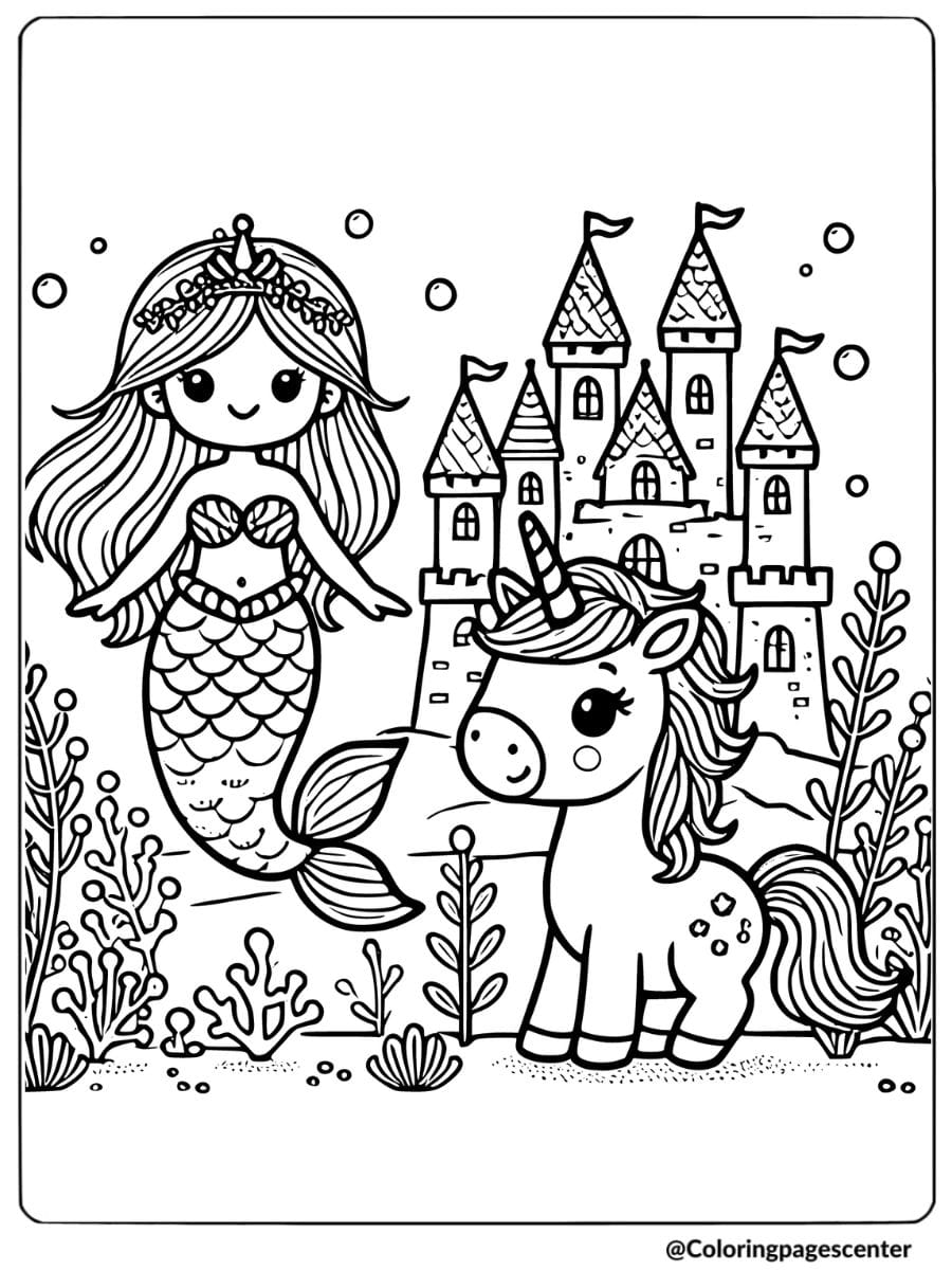 Mermaid and unicorn near a magical castle coloring page