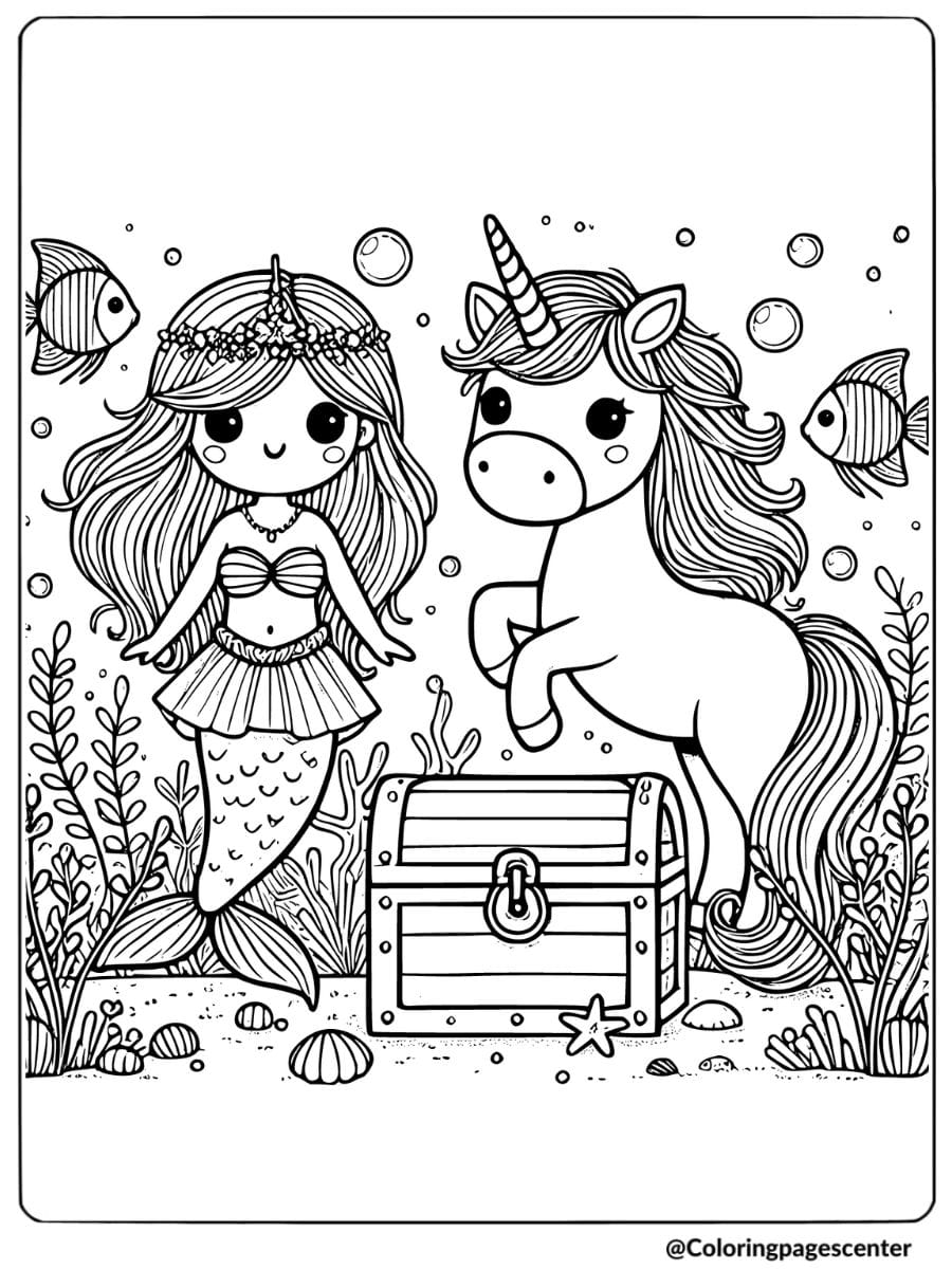 Mermaid and unicorn discovering treasure coloring page