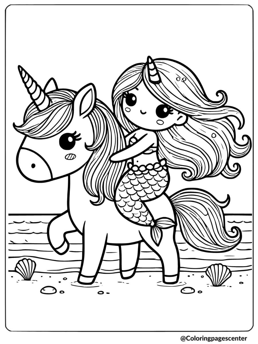 Playful mermaid riding a unicorn at the beach coloring page