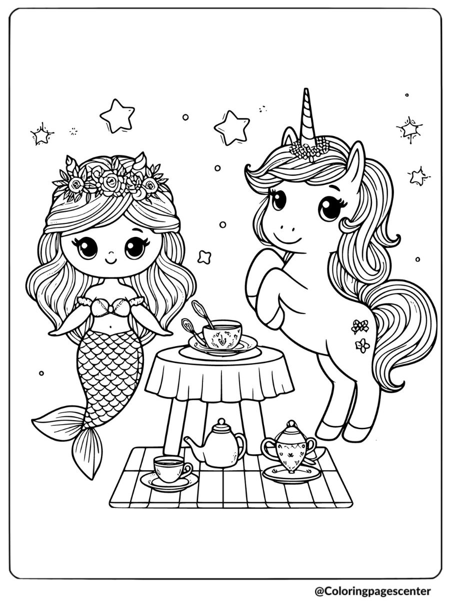 Mermaid and unicorn enjoying a tea party coloring page