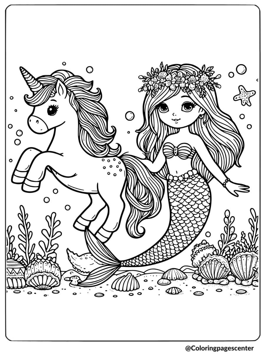 Mermaid and unicorn swimming under the sea coloring page