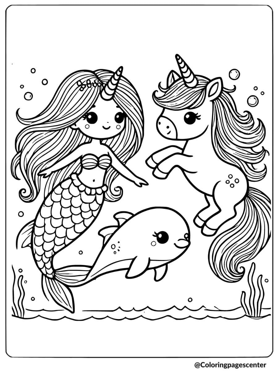 Cute unicorn and mermaid playing with a dolphin coloring page