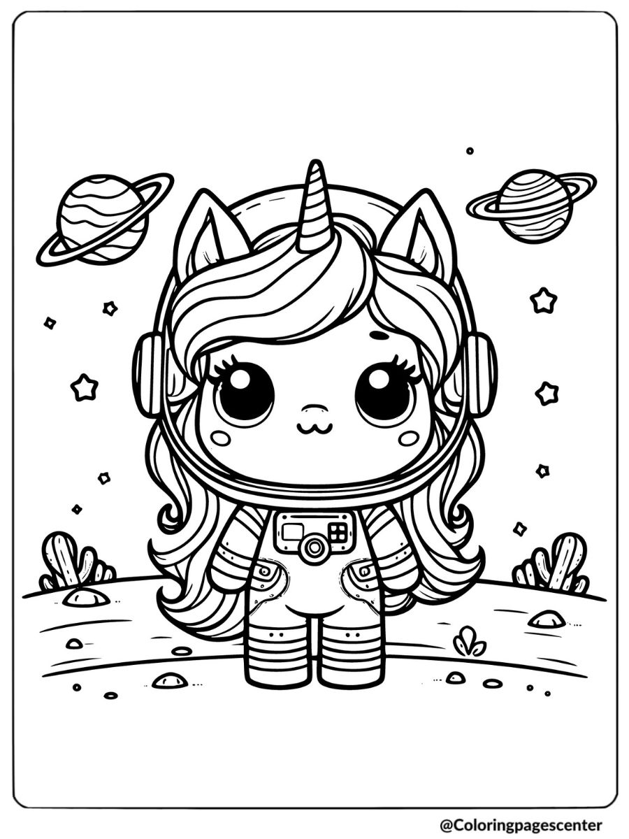 Space adventure unicorn coloring page for kid