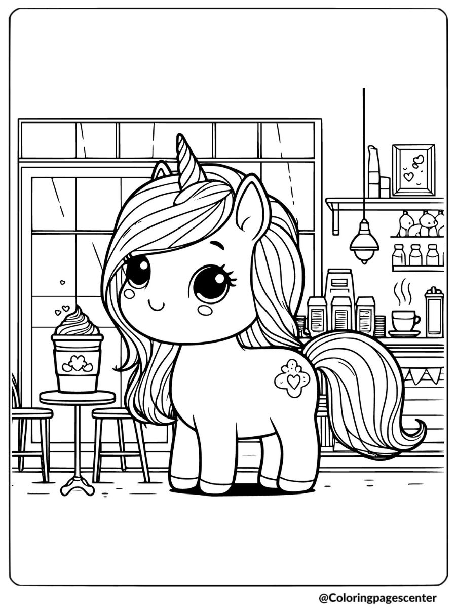 Unicorn in a coffee shop setting coloring page for kids