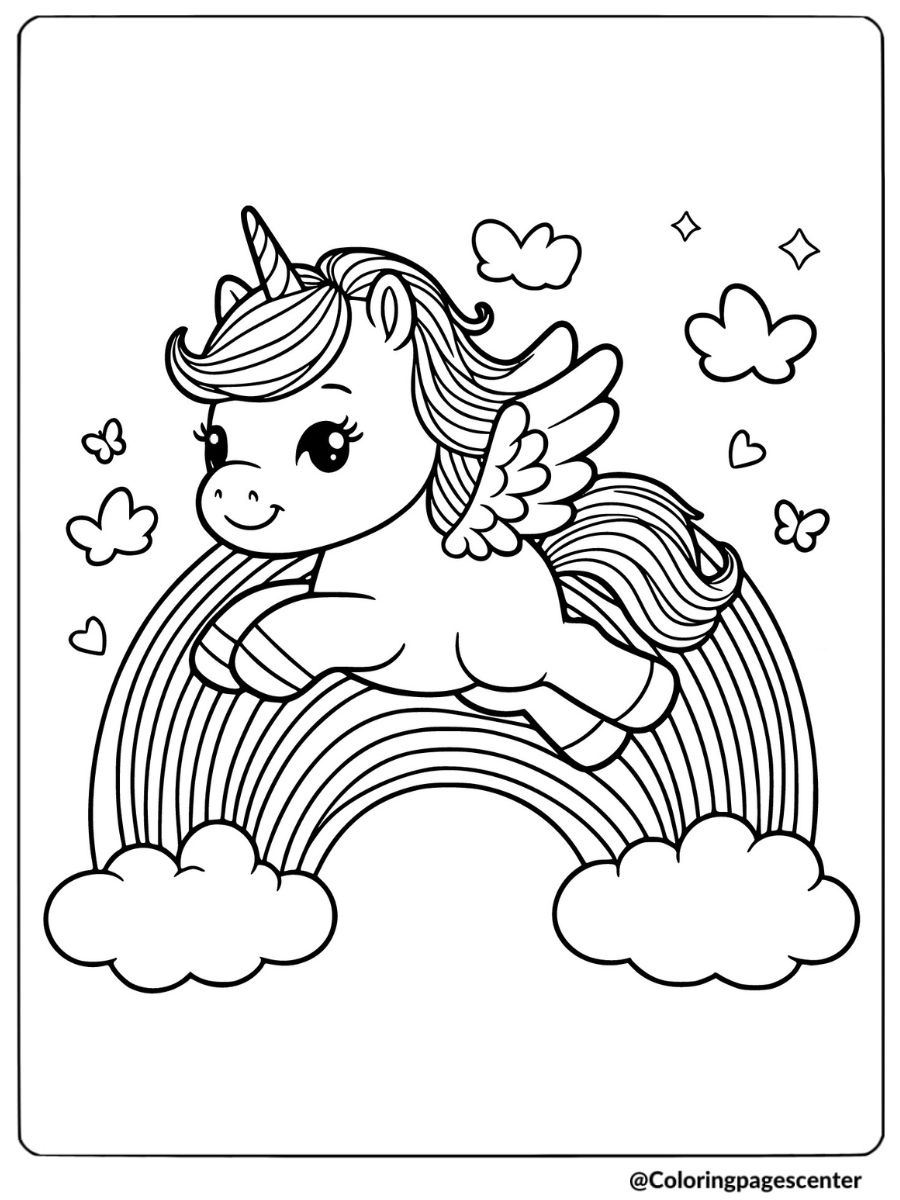 Unicorn with wings flying over a rainbow coloring page for kids