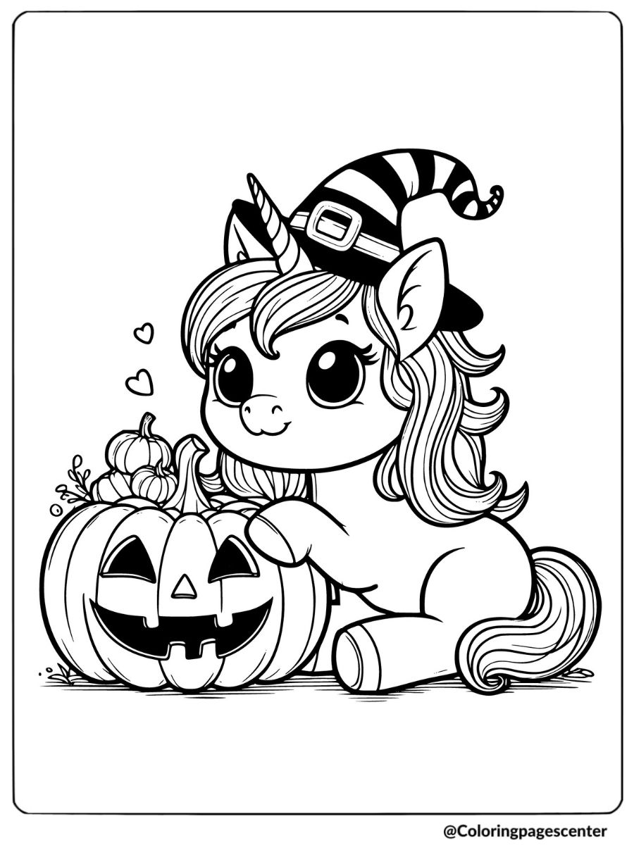 Unicorn in a witch hat with pumpkins coloring page for kids