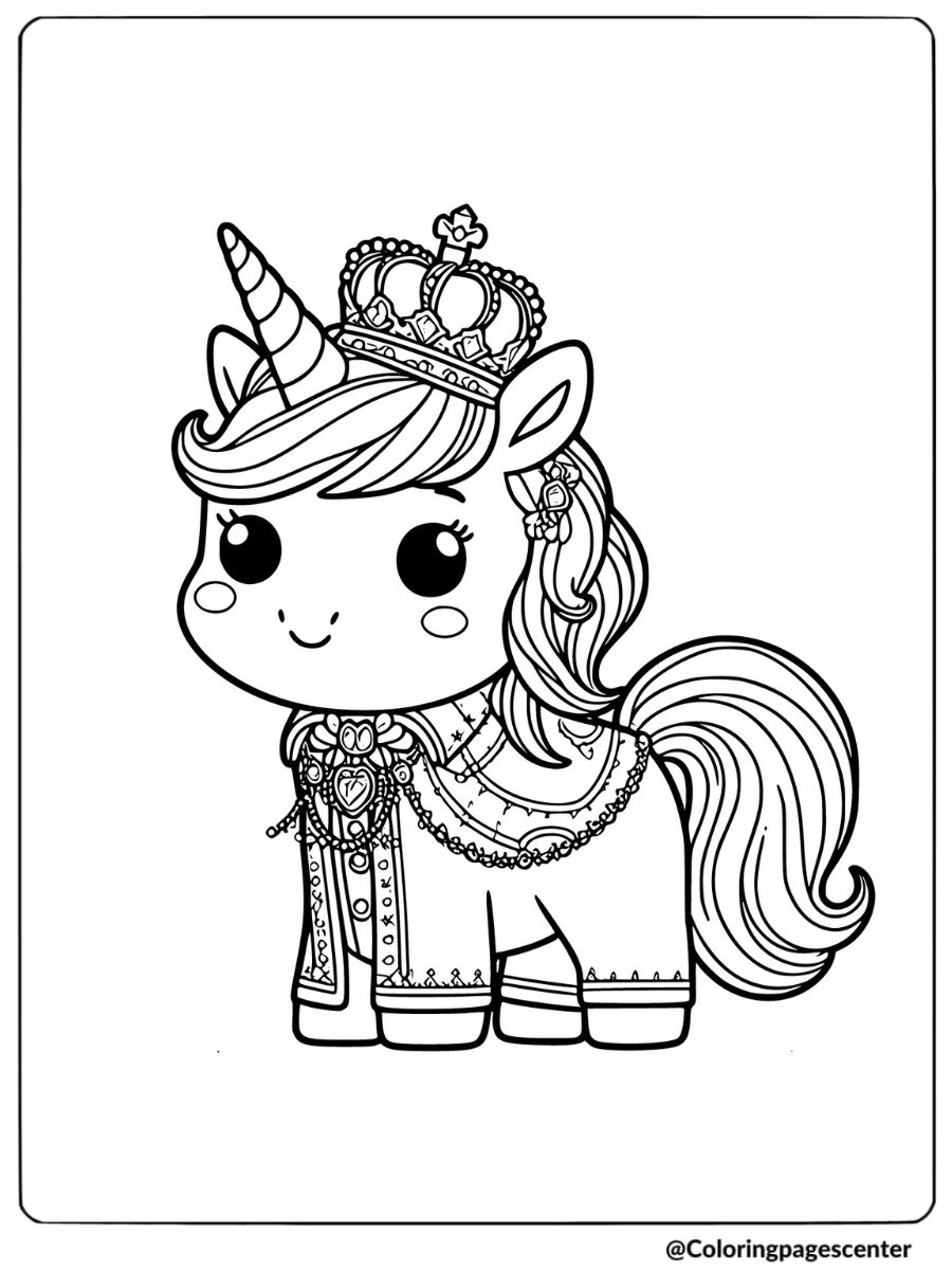 Unicorn with a royal crown coloring page for kids