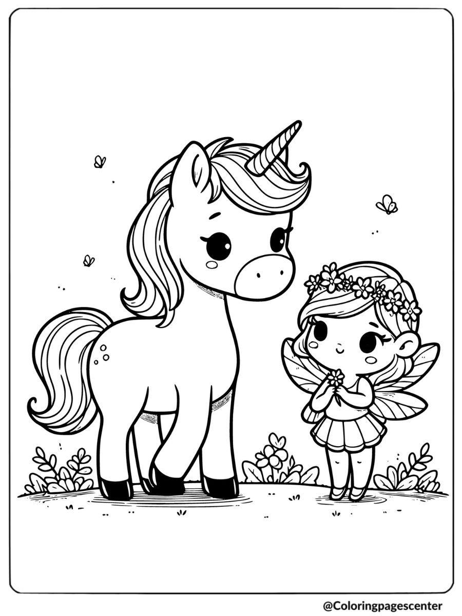 Unicorn with a fairy friend in the garden coloring page for kids