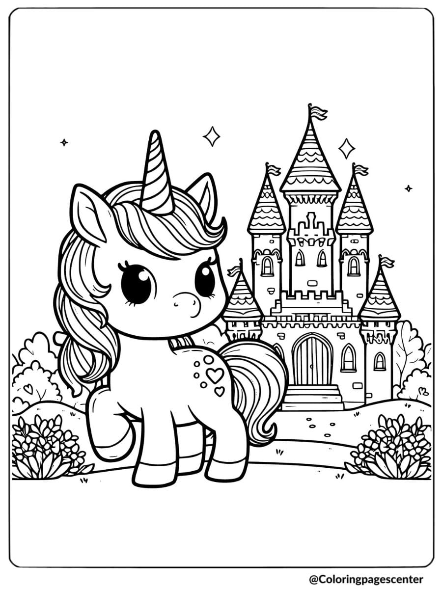 Magical unicorn near a castle coloring page for kids