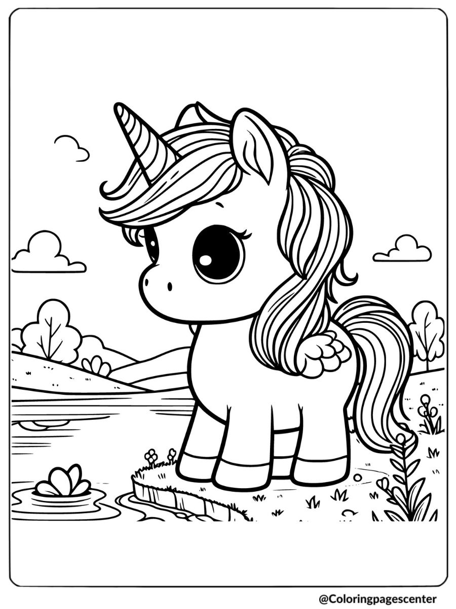 Peaceful unicorn near a lake coloring page for kids