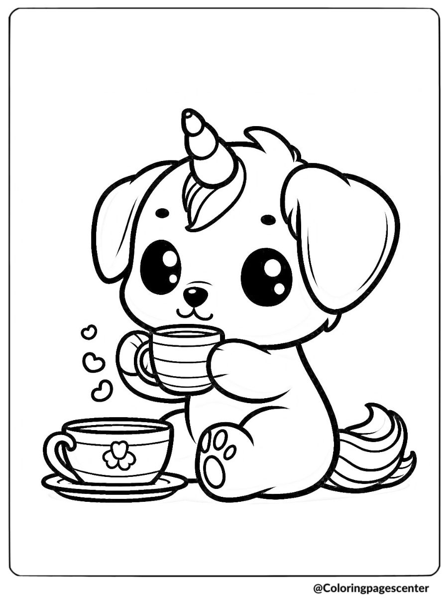 Dog unicorn enjoying tea coloring page