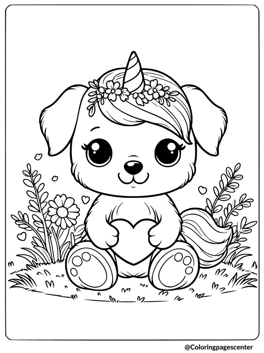 Dog unicorn with heart in garden coloring page