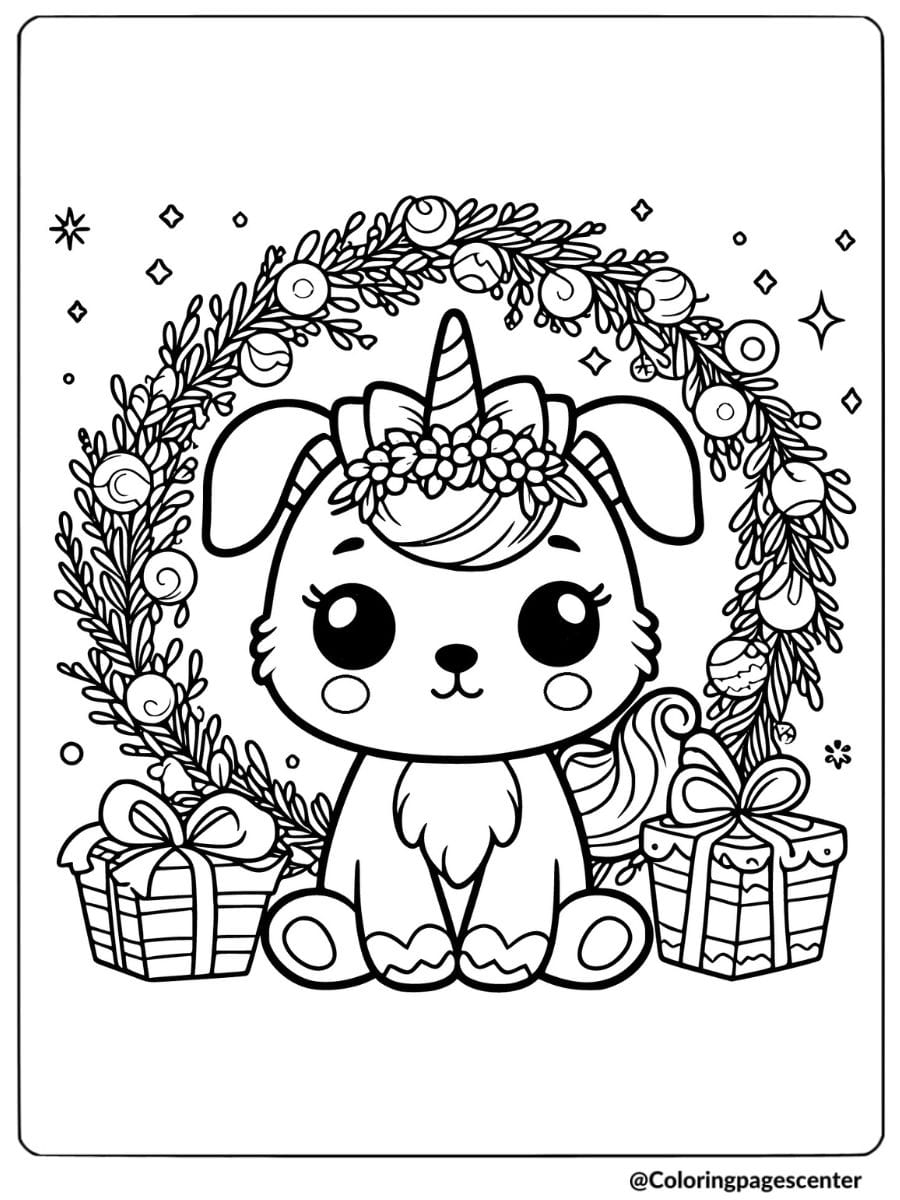 Festive dog unicorn with wreath and gifts coloring page