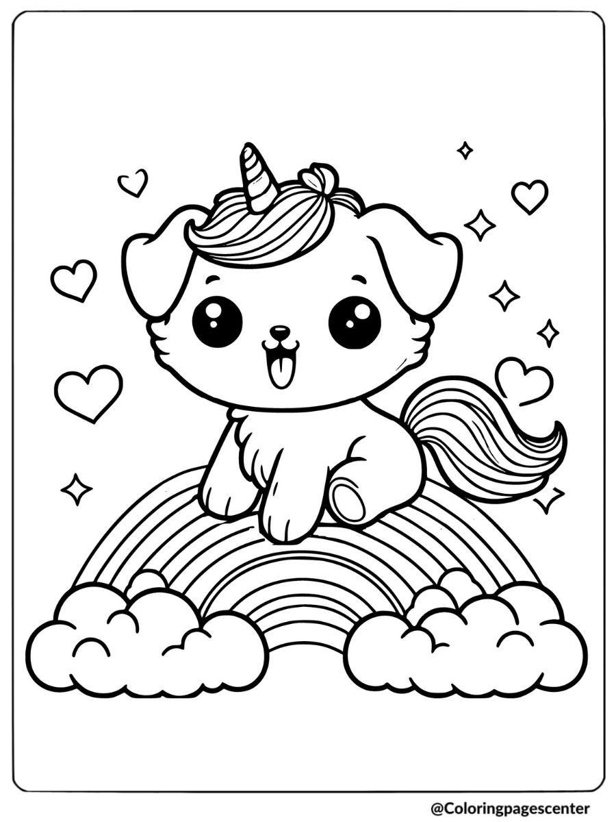 Cute dog unicorn sitting on a rainbow coloring page