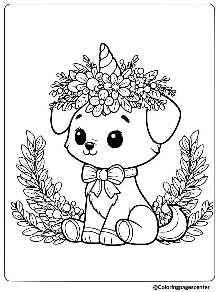 Dog unicorn wearing a flower crown coloring page
