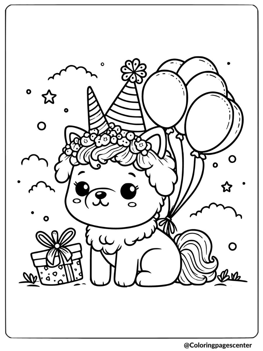 Dog unicorn with balloons and gifts coloring page