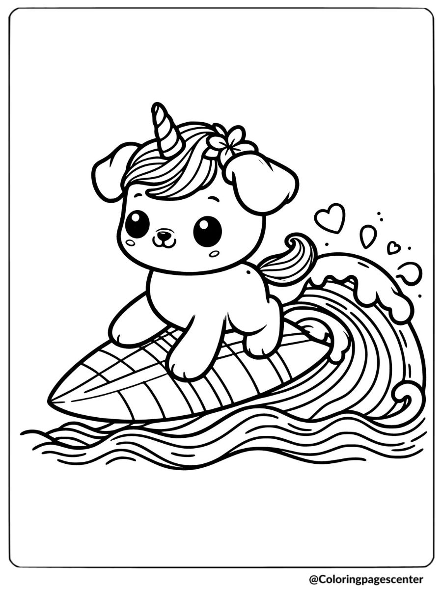 Dog unicorn surfing on a wave coloring page