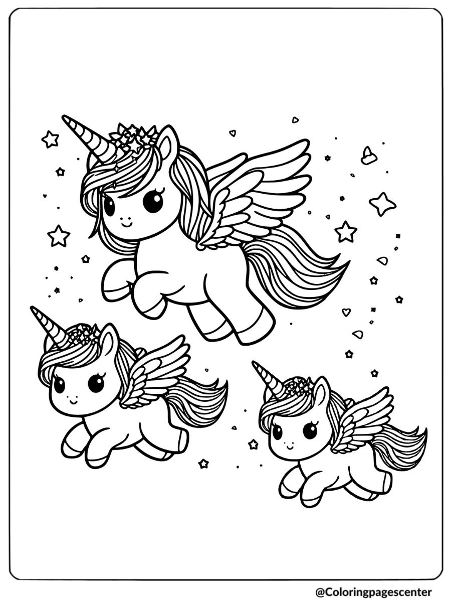 Unicorn family with wings soaring in the sky coloring page