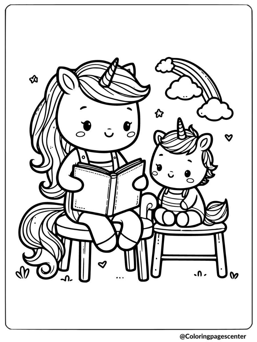 Unicorn mother reading to her baby unicorn coloring page