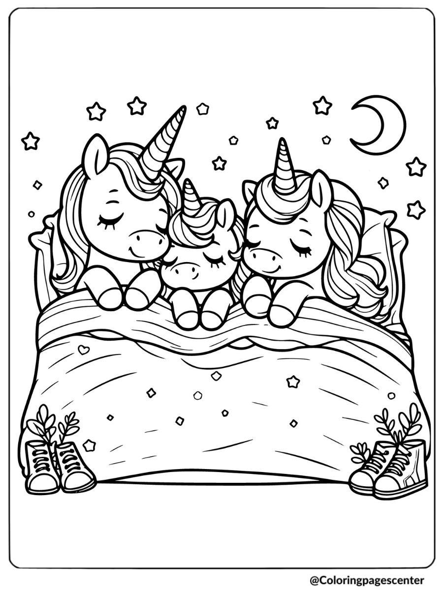 Peaceful unicorn family sleeping together coloring page