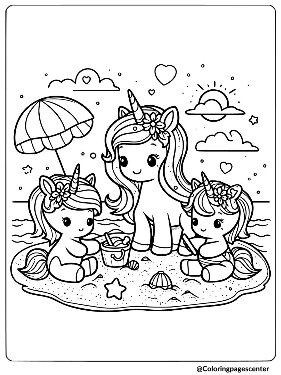 Playful unicorns on a sandy beach coloring page