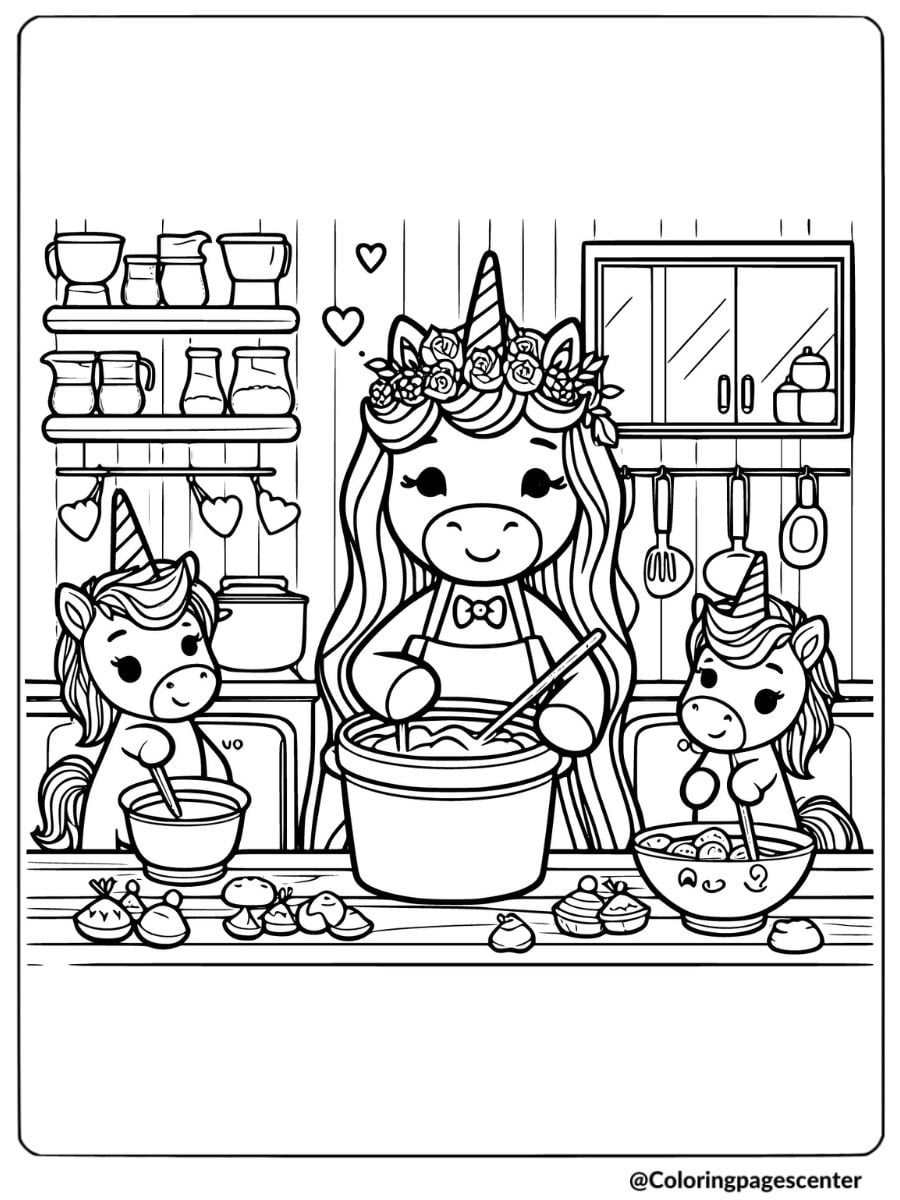 Mother unicorn baking with baby unicorns coloring page