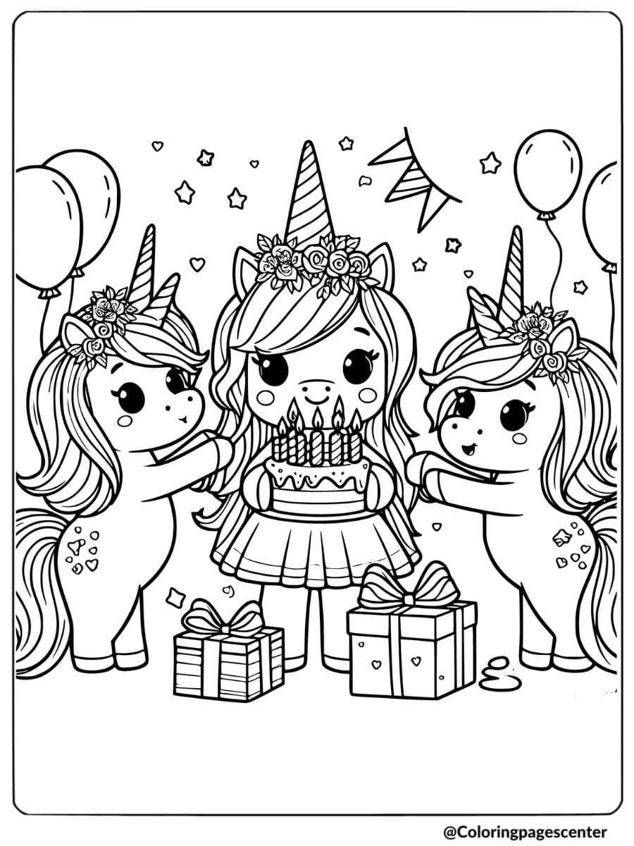 Unicorn family with gifts and cake coloring page